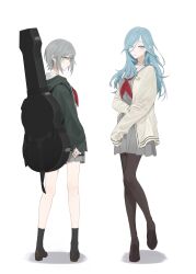 Rule 34 | 2girls, absurdres, ankle socks, arms at sides, bare legs, black socks, blue eyes, blue hair, brown pantyhose, brown shoes, cardigan, commentary, eyes visible through hair, from behind, full body, green eyes, green jacket, grey hair, grey serafuku, grey shirt, grey skirt, guitar case, hair between eyes, hair over one eye, hair over shoulder, hand on own arm, highres, hinomori shiho, hinomori shizuku, hood, hood down, hooded jacket, instrument case, instrument case on back, jacket, knees together feet apart, legs apart, loafers, long hair, long sleeves, looking at viewer, looking back, miniskirt, miyamasuzaka girls&#039; academy school uniform, multiple girls, neckerchief, open cardigan, open clothes, pantyhose, pleated skirt, profile, project sekai, puffy long sleeves, puffy sleeves, red neckerchief, sa tsuko, sailor collar, school uniform, serafuku, shadow, shirt, shoes, short hair, siblings, simple background, sisters, skirt, sleeves past wrists, socks, standing, standing on one leg, symbol-only commentary, wavy hair, white background, white sailor collar, yellow cardigan