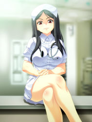 1girl :3 bad_id bad_pixiv_id black_hair crossed_legs female_focus ketsushi ketusi lips manatsu_no_yo_no_inmu naughty_face nurse original pinky_(inmu) red_eyes sitting solo stethoscope