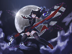 Rule 34 | 1girl, absurdres, animal ears, black hair, blake belladonna, breasts, broken moon, cat ears, cleaver, clotho matcha, dual wielding, gambol shroud, highres, holding, holding sword, holding weapon, kusarigama, long hair, looking at viewer, medium breasts, moon, pantyhose, rwby, rwby ice queendom, sickle, smile, solo, sword, weapon, yellow eyes
