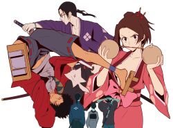 1girl 2boys absurdres bead_bracelet beads black_hair bracelet breasts brown_hair dark-skinned_male dark_skin earrings floral_print full_body furrowed_brow fuu_(samurai_champloo) geta glasses grey_pants hair_ornament hair_stick highres holding holding_sword holding_weapon igusaharu japanese_clothes jewelry jinnosuke katana kimono long_hair medium_breasts midriff_peek mugen_(samurai_champloo) multiple_boys open_clothes open_kimono pants parted_bangs pink_kimono plunging_neckline ponytail purple_kimono red_kimono ribbon ribbon-trimmed_sash samurai_champloo sash single_earring sweatdrop sword upper_body weapon white_background