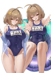 1girl ;d absurdres ahoge anis_(nikke) bare_arms bare_legs bare_shoulders blue_one-piece_swimsuit breasts brown_eyes brown_hair cellphone collarbone commentary covered_navel cowboy_shot feet_out_of_frame fingernails goddess_of_victory:_nikke grey_shirt grin groin hair_between_eyes hair_intakes hair_ornament hairclip hands_up highleg highleg_one-piece_swimsuit highres holding holding_phone innertube knees_up large_breasts long_sleeves looking_at_viewer lower_teeth_only multiple_views name_tag off_shoulder one-piece_swimsuit one_eye_closed open_clothes open_hands open_mouth open_shirt outstretched_arms parted_lips partially_submerged phone raised_eyebrows reaching reaching_towards_viewer reclining rossy_(yowayowachimpo) school_swimsuit see-through_clothes see-through_shirt shirt short_hair simple_background smartphone smile sparkle standing swim_ring swimsuit teeth thigh_gap thighs w_arms water wet white_background