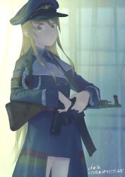 1girl absurdres assault_rifle blonde_hair blue_hat closed_mouth commission curtains girls&#039;_frontline green_eyes gun hat highres holding holding_gun holding_weapon karasumi_(sumizono) long_hair long_sleeves looking_at_viewer military military_uniform peaked_cap rifle sidelocks skeb_commission skirt solo stg44 stg44_(girls&#039;_frontline) weapon