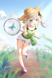 1girl :d absurdres alternate_costume bag bare_shoulders blue_butterfly bug butterfly butterfly_net commentary_request day flat_chest foot_up full_body genshin_impact green_bag green_eyes green_shirt hair_between_eyes hand_net highres holding holding_butterfly_net insect leaning_forward light_blush long_hair looking_at_viewer nahida_(genshin_impact) open_mouth outdoors pink_shoes pointy_ears pou_bao shirt shoes short_shorts shorts shoulder_bag side_ponytail sleeveless sleeveless_shirt smile solo star_(symbol) teeth thigh_gap upper_teeth_only white_hair white_shorts