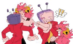 ! 1boy 1girl ahoge animal_ears ant_tenna bell black_pants blush_stickers cat_ears crt deltarune dress fang finger_to_own_chin gloves hair_bell hair_ornament heart heart_in_mouth highres kkupiii long_hair looking_at_another mad_mew_mew necktie object_head own_hands_together pants pink_dress pointy_nose puffy_short_sleeves puffy_sleeves short_sleeves simple_background single_blush_sticker smile spoken_exclamation_mark sweat tailcoat undertale white_background white_gloves yellow_necktie