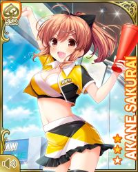 1girl arm_up black_bow black_headwear black_thighhighs bow breasts brown_eyes brown_hair card_(medium) cleavage girlfriend_(kari) hair_bow hair_ornament jacket looking_at_viewer medium_breasts midriff navel official_art open_mouth outdoors ponytail qp:flapper race_queen race_track sakurai_akane_(girlfriend) shirt skirt smile standing thighhighs yellow_jacket yellow_skirt zettai_ryouiki