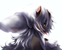 1girl animal_ears backlighting body_fur dark-skinned_female dark_skin extra_arms faputa fewer_digits from_side long_hair looking_down looking_to_the_side made_in_abyss marudoll monster_girl multicolored_hair nude orange_eyes profile simple_background solo streaked_hair upper_body very_dark_skin white_background white_fur white_hair yellow_eyes