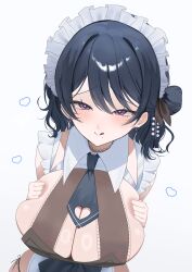 1girl :q absurdres black_hair black_necktie blush breasts breasts_squeezed_together cleavage clothing_cutout collar commission earrings gvmmr heart heart_cutout highres indie_virtual_youtuber jewelry large_breasts maid_headdress mole mole_on_breast mole_under_mouth necktie panties panty_straps purple_eyes side-tie_panties skeb_commission solo tokiai_misao tongue tongue_out underwear virtual_youtuber white_background white_collar