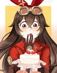 Rule 34 | 1boy, 2girls, aether (genshin impact), amber (genshin impact), birthday, birthday cake, blurry, brown eyes, brown gloves, brown hair, cake, commentary, covering own mouth, depth of field, english commentary, food, genshin impact, gloves, goggles, goggles on head, hairband, highres, hood, hooded jacket, jacket, julydelic, multiple girls, out of frame, paimon (genshin impact), parted lips, pov, surprised