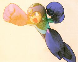 Rule 34 | 1990s (style), 1boy, android, angry, arm cannon, bengus, blue bodysuit, blue eyes, blue helmet, bodysuit, capcom, clenched hands, facing to the side, fighting stance, game cg, helmet, highres, jumping, male focus, marvel, marvel vs. capcom, marvel vs. capcom 2, mega man (character), mega man (series), non-web source, official art, open mouth, retro artstyle, robot, scan, sidelighting, simple background, solo, weapon