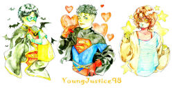 3boys bart_allen bat_(animal) belt black_hair blue_eyes bodysuit brown_hair bubble cape copyright_name dc_comics domino_mask earrings gloves goggles heart impulse jacket jewelry kon-el male_focus mask multiple_boys onlyfuge robin_(dc) s_shield star_(symbol) superboy tim_drake wink young_justice