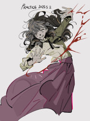 1girl black_ribbon brown_eyes brown_hair dated fear_&amp;_hunger_(series) fear_&amp;_hunger_2:_termina grin hands_up hashtag-only_commentary long_hair long_sleeves magic marina_(fear_&amp;_hunger) mouth_piercing neck_ribbon pankepen pink_skirt ribbon shirt shirt_tucked_in simple_background skirt smile solo white_shirt