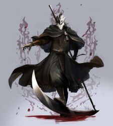 Rule 34 | 1boy, ahamma, aura, beard, black capelet, black pants, black robe, blood, boots, bracer, brown boots, capelet, elden ring, elden ring: shadow of the erdtree, facial hair, full body, hand up, helmet, holding, holding scythe, holding weapon, long sleeves, looking at viewer, male focus, pants, robe, scythe, sir ansbach, solo, standing, weapon, white hair