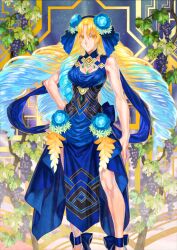 1girl ankle_bow ankle_ribbon arm_at_side astraea_(fate) astraea_(first_ascension)_(fate) azuma_toh bare_arms blonde_hair blue_bow blue_dress blue_flower blue_hair blue_hairband bow breasts cleavage_cutout closed_mouth clothing_cutout contrapposto curtained_hair dress drill_hair fate/grand_order fate_(series) feet_out_of_frame floating_hair flower front_slit game_cg hair_flower hair_ornament hairband hand_on_own_hip long_dress long_hair long_sidelocks looking_at_viewer medium_breasts multicolored_hair official_art orange_eyes pelvic_curtain ribbon sidelocks single_sidelock sleeveless sleeveless_dress smile solo standing third-party_source toned toned_female two-tone_hair very_long_hair