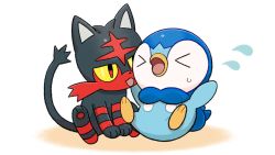 &gt;_&lt; animal_focus commentary_request creatures_(company) closed_eyes flying_sweatdrops game_freak gen_4_pokemon gen_7_pokemon litten nintendo no_humans official_art open_mouth piplup pokemon pokemon_(creature) project_pochama red_eyes sitting sweatdrop toes tongue white_background