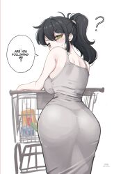 1girl ? ass bare_shoulders black_hair black_panties breasts commentary english_commentary english_text highres looking_back panties panties_visible_through_clothes ponytail renee_graves shopping_cart the_coffin_of_andy_and_leyley underwear vaniste white_background yellow_eyes