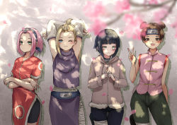 4girls arms_behind_head arms_up bandaged_leg bandages blonde_hair blue_eyes blush brown_eyes brown_hair cherry_blossoms crossed_arms double_bun fingers_together forehead_protector fur_trim green_eyes hair_bun haruno_sakura high_ponytail highres hood hoodie hyuuga_hinata konohagakure_symbol kourou_(kouroukun) light_blush multiple_girls naruto naruto_(series) one_eye_closed open_mouth petals pink_hair ponytail side-by-side single_hair_bun smile standing tenten_(naruto) v wavy_mouth yamanaka_ino