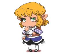 1girl arm_warmers biting biting_own_thumb black_shoes black_skirt blonde_hair brown_shirt chibi chibi_only commentary_request earrings full_body green_eyes jewelry looking_at_viewer mary_janes mizuhashi_parsee onikobe_rin pointy_ears scarf shirt shoes short_hair short_sleeves simple_background skirt socks solo touhou white_background white_scarf white_socks