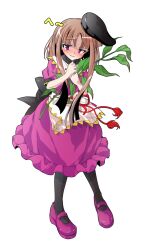 1girl alphes_(style) apron black_hat black_socks blush brown_hair capelet commentary_request dairi damaged defeat dress full_body hat holding kneehighs leaf long_hair mary_janes myouga_(plant) nishida_satono open_mouth parody puffy_short_sleeves puffy_sleeves purple_dress purple_eyes purple_shoes red_ribbon ribbon shoes short_sleeves sidelocks socks solo standing style_parody tachi-e tassel tate_eboshi tears touhou transparent_background waist_apron white_apron white_capelet