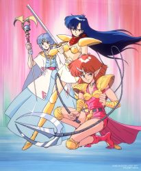 1990s_(style) asou_valna asou_yuuko bikini blue_eyes blue_hair boots bracer cham_(valis) choker company_name copyright_notice dress fang glint holding holding_staff holding_sword holding_weapon holding_whip horns knee_boots long_hair long_pointy_ears medium_hair mugen_senshi_valis non-web_source pink_boots pointy_ears red_hair red_scarf retro_artstyle scarf silver_hair single_horn squatting staff standing strapless strapless_bikini swimsuit sword two-handed valis weapon whip yellow_boots