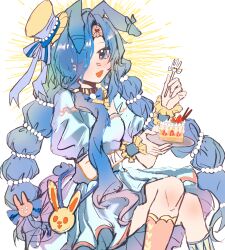 1girl 37_(reverse:1999) alternate_costume animal_ears beads black_choker blue_bow blue_bowtie blue_dress blue_eyes blue_ribbon blue_socks blue_wrist_cuffs bow bowtie cake cake_slice choker collar detached_collar dress ear_bow ear_ribbon eyes_visible_through_hair feet_out_of_frame floppy_ears food fork frilled_collar frilled_wrist_cuffs frills hair_beads hair_ornament hair_over_one_eye hairband happy hat hat_bow heart heart_print highres holding holding_fork holding_plate invisible_chair kemonomimi_mode kneehighs light_blush looking_at_viewer mini_hat mini_top_hat mismatched_socks one_eye_closed open_mouth orange_socks pink_hairband plate pleated_dress procreate_(medium) puffy_short_sleeves puffy_sleeves rabbit_ears reverse:1999 ribbon short_dress short_sleeves single_stripe sitting smile socks solo square_neckline strawberry_shortcake striped_bow striped_clothes striped_socks top_hat two-tone_headwear vertical-striped_clothes vertical-striped_socks white_background wrist_cuffs wunian04379 yellow_collar