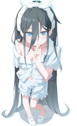 1girl absurdly_long_hair absurdres alternate_costume animal_print aqua_halo aris_(blue_archive) biting black_hair blue_archive blue_eyes blush bow bow_hairband breasts bright_pupils buttons cat_print chinese_commentary cleavage closed_mouth collarbone commentary_request cosplay eyes_visible_through_hair fanshuimucishen full_body hair_behind_ear hair_between_eyes hairband halo highres long_bangs long_hair long_hair_between_eyes long_sidelocks looking_at_viewer nail_biting navel pajamas pocket print_pajamas shirt short_sleeves shorts sidelocks simple_background single_bare_shoulder slippers solo standing very_long_hair white_background white_bow white_hairband white_pajamas white_shirt white_shorts white_slippers yuuka_(blue_archive) yuuka_(blue_archive)_(cosplay) yuuka_(pajamas)_(blue_archive)