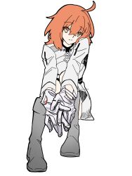 Rule 34 | absurdres, ahoge, boots, chaldea logo, command spell, expressionless, fate/grand order, fate (series), fujimaru ritsuka (female), fujimaru ritsuka (female) (decisive battle chaldea uniform), full body, gloves, grey boots, head on own shoulder, head rest, high collar, highres, long sleeves, looking at viewer, orange hair, striped clothes, white gloves, yasoni82, yellow eyes