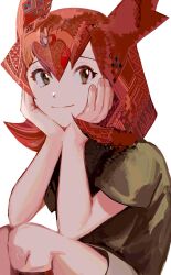1girl bianca_(pokemon_heroes) brown_eyes closed_mouth eyelashes gen_3_pokemon green_shirt hair_between_eyes head_rest highres latias latios legendary_pokemon looking_at_viewer nintendo patterned_hair pokemon pokemon_(anime) pokemon_(classic_anime) pokemon_heroes:_latios_&amp;_latias shirt short_hair short_sleeves simple_background solo upper_body white_background white_shirt yadu_nadu