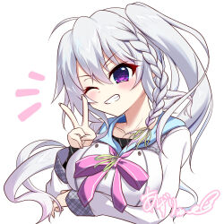 Rule 34 | 1girl, 9-nine-, ;d, ahoge, arm under breasts, blush, braid, breasts, commentary, cropped torso, eyes visible through hair, fang, floating hair, green ribbon, grey hair, grin, hair between eyes, hair ribbon, hand up, happy, highres, long hair, long sleeves, looking at viewer, medium breasts, niimi sora, notice lines, one eye closed, open mouth, purple eyes, ribbon, ryu9voice, school uniform, side ponytail, sidelocks, signature, simple background, single braid, smile, solo, upper body, v, v-shaped eyebrows, white background