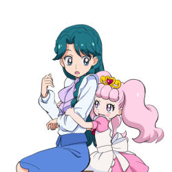 2girls :d :o blue_eyes blue_hair blush_stickers braid crown_braid go!_princess_precure hug hug_from_behind kaidou_minami long_hair long_sleeves maid multiple_girls open_mouth personification pink_hair precure puff_(go!_princess_precure) puff_(go!_princess_precure)_(human) purple_eyes shuuho_(journey) skirt smile tiara twintails wavy_hair