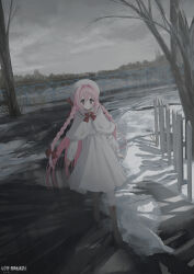 1girl absurdres bare_tree beret blush boots braid brown_boots capelet chihuri closed_mouth collared_shirt commentary_request day fence frilled_shirt_collar frills fur-trimmed_boots fur-trimmed_capelet fur_trim hair_between_eyes hair_intakes hat high-waist_skirt highres long_hair nea_(chihuri) original outdoors overcast pantyhose pink_hair purple_eyes railing shirt signature skirt sky solo tree twin_braids very_long_hair walking water watermark white_capelet white_hat white_pantyhose white_shirt white_skirt
