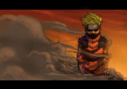 1boy blonde_hair dexter_soy forehead_protector headband konohagakure_symbol letterboxed male_focus naruto_(classic) naruto_(series) ninja shaded_face short_hair smoke solo uzumaki_naruto