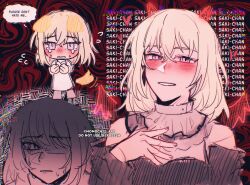 1girl bang_dream! bang_dream!_it&#039;s_mygo!!!!! blonde_hair blush clothing_cutout commentary crying doloris_(bang_dream!) drawn_ears drawn_horns drawn_tail drawn_wings english_commentary english_text hand_on_own_chest highres looking_at_viewer medium_hair misumi_uika momochii_art multiple_views parted_lips purple_eyes red_background shoulder_cutout smile speech_bubble tears yandere zalgo_commentary