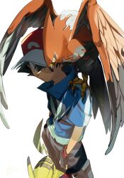 1boy ash_ketchum baseball_cap black_gloves black_hair blue_shirt closed_mouth fingerless_gloves gen_1_pokemon gen_6_pokemon gloves grey_pants hair_between_eyes hat highres looking_at_viewer male_focus nintendo omotikonetemasu on_shoulder orange_eyes pants pikachu pokemon pokemon_(anime) pokemon_(creature) pokemon_on_shoulder pokemon_xy_(anime) red_hat shirt simple_background standing talonflame talons white_background wings