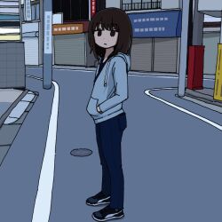 Rule 34 | black eyes, black hair, expressionless, full body, hands in pockets, hood, hoodie, knots (nebatuki), looking at viewer, medium hair, original, pants, road, standing, street, urban, utility pole