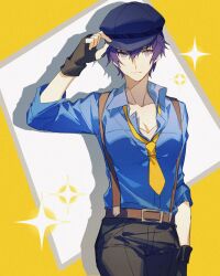 1girl black_gloves black_pants blue_hair blue_hat blue_shirt breasts commentary fingerless_gloves gloves hat highres large_breasts lluyss male_focus necktie pants persona persona_4 shirogane_naoto shirt smile solo sparkle suspenders white_background yellow_background yellow_necktie