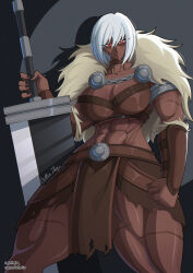 1girl abs armlet breasts butterjar choker collarbone dark-skinned_female dark_skin fur_trim highres holding holding_sword holding_weapon huge_weapon jewelry large_breasts looking_at_viewer muscular muscular_female original pelvic_curtain planted planted_sword planted_weapon red_eyes scar short_hair signature solo sword vambraces weapon white_hair