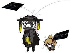 1boy 1girl animal_ears black_dress black_hat black_shoes blonde_hair blue_eyes chibi crying dress e.g.o_(project_moon) faust_(project_moon) full_body hat heishou_pack-mao_branch_(identity)_(project_moon) highres limbus_company necktie ohzv project_moon rabbit_ears red_necktie red_sheet_(e.g.o) shoes short_hair simple_background sinclair_(project_moon) technology_liberation_alliance_(identity)_(project_moon) white_background white_hair