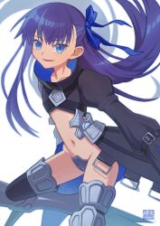 Rule 34 | 1girl, armored boots, blue eyes, blue ribbon, boots, breasts, choker, crotch plate, fate/extra, fate/extra ccc, fate/grand order, fate (series), hibun tsukasa, highres, long hair, long sleeves, looking at viewer, meltryllis (fate), navel, prosthesis, prosthetic leg, purple hair, revealing clothes, ribbon, simple background, sleeves past fingers, sleeves past wrists, small breasts, smile, solo, very long hair, white background