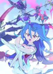 2girls absurdres artist_logo artist_name blue_hair character_request duel_monster e_volution highres holding holding_scythe kamishiro_rio logo long_hair multiple_girls open_mouth purple_eyes scythe yu-gi-oh! yu-gi-oh!_zexal