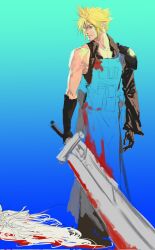 Rule 34 | 2boys, apron, aqua background, aqua eyes, black boots, black gloves, black sleeves, black vest, blonde hair, blood, bloody weapon, blue background, boots, clenched teeth, cloud strife, final fantasy, final fantasy vii, final fantasy vii advent children, furrowed brow, fusion swords, gloves, gradient background, grey hair, gx8439440115311, hair between eyes, highres, holding, holding sword, holding weapon, long hair, male focus, multiple boys, out of frame, sephiroth, short hair, single bare shoulder, single shoulder pad, single sleeve, sketch, spiked hair, sword, teeth, vest, weapon