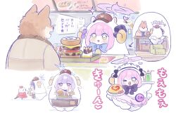 3girls :d animal_costume animal_ears apple_tart apron atsuko_(blue_archive) bag bell bird blue_archive blush_stickers box burger cake cheese chibi cola cream_soda dog_ears dress drinking_straw ekoru fast_food food french_fries furry hair_ornament hair_scrunchie halo heart holding horns ice_cream ice_cream_cone jacket low_wings maid_apron maid_headdress mika_(blue_archive) multiple_girls name_tag one_eye_closed open_mouth paper paper_bag pink_hair pink_halo red_dress red_ribbon ribbon saori_(blue_archive) scrunchie sheep_horns smile soft_serve spoken_heart spoken_star stairs star_(symbol) swiss_roll table tray wings wooden_table