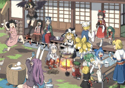 6+girls :q alice_margatroid animal_ears architecture barefoot black_hair black_skirt black_socks black_wings blonde_hair bloomers blue_dress blue_eyes blue_hair blush brown_hair brown_jacket brown_skirt camera campfire capelet cat cat_tail chen cirno closed_eyes commentary_request cooking cushion daiyousei dress drinking dust east_asian_architecture feathered_wings fence fire firewood flaming_hand food fox_tail fujiwara_no_mokou gap_(touhou) geta gloves green_hair grey_hair hakurei_reimu hime_cut holding holding_camera holding_mallet holding_tray houraisan_kaguya inaba_tewi inuno_rakugaki jacket jumping kettle kine kirisame_marisa kitsune kneehighs komano_aunn long_hair mallet miniskirt mochi mortar_(bowl) multiple_girls multiple_tails open_mouth outdoors pink_dress purple_hair pyrokinesis rabbit_ears red_dress red_eyes red_headwear reisen_udongein_inaba rumia shameimaru_aya short_hair skirt slice_of_life sliding_doors socks stirring surprised sweatdrop table tail taking_picture tengu-geta tongue tongue_out touhou tray two-tone_dress two_tails underwear usagi_kine v-shaped_eyebrows veranda white_capelet white_cat wings wooden_fence yagokoro_eirin yakumo_ran yakumo_yukari