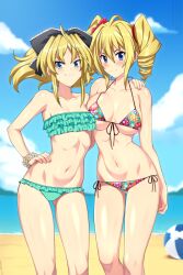 2girls aqua_bikini asymmetrical_docking ball beach beachball bikini blonde_hair blue_eyes blue_sky blurry blurry_background blush breast_press breasts closed_mouth collarbone color_connection commentary contrapposto day drill_hair english_commentary fang fang_out female_focus floral_print flower frilled_bikini frills front-tie_bikini_top front-tie_top gluteal_fold hair_between_eyes hair_color_connection hair_flower hair_ornament hand_on_own_hip high_school_dxd highres light_smile lindaroze looking_at_viewer medium_hair mittelt multiple_girls navel ocean outdoors ravel_phenex side-tie_bikini_bottom sky small_breasts standing string_bikini swimsuit trait_connection twin_drills underboob v-shaped_eyebrows