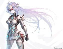 1girl android bare_shoulders blue_hair breasts elbow_gloves expressionless forehead_protector gloves highres kos-mos kos-mos_re: leotard long_hair looking_at_viewer medium_breasts mutomorokoshi red_eyes simple_background solo standing thighhighs very_long_hair white_leotard xenoblade xenoblade_chronicles_(series) xenoblade_chronicles_2 xenosaga