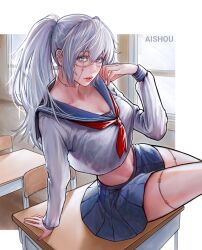 Rule 34 | 1girl, absurdres, ai shou, artist name, breasts, cleavage, commentary, english commentary, genderswap, genderswap (mtf), heterochromia, highres, jujutsu kaisen, long hair, mahito (jujutsu kaisen), male focus, mixed-language commentary, neckerchief, red neckerchief, school uniform, serafuku, solo, stitched face, stitched neck, stitches