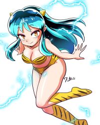 1girl animal_print bikini boots breasts cleavage commentary cone_horns electricity full_body highres horns knee_boots long_hair looking_at_viewer lum navel orange_eyes pointy_ears print_bikini print_boots signature solo swimsuit tiger_print urusei_yatsura wanta_(futoshi)