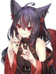 1girl ahoge animal_ear_fluff animal_ear_piercing animal_ears bare_shoulders belt black_belt black_hair braid commentary crossed_bangs dark_persona double-parted_bangs fox_ears fox_girl fox_shadow_puppet fox_tail grin hair_between_eyes highres hololive ishida_aya kurokami_fubuki long_hair long_sleeves mandarin_collar off_shoulder pentagram red_eyes red_nails red_streaks side_braid single_braid single_hair_streak smile solo tail virtual_youtuber wide_sleeves