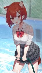 1girl :d absurdres amatou_(ko_me_9) animal_ear_fluff animal_ear_piercing animal_hair_ornament bow bowtie bra braid breasts chain-link_fence collared_shirt crown_braid dress_shirt ear_piercing earrings extra_ears fang fence grey_skirt hair_ornament hairclip highres holding holding_hose hose jewelry leaning_forward long_sleeves looking_at_viewer medium_breasts miniskirt nijisanji open_mouth orange_eyes orange_hair piercing pleated_skirt pool ratna_petit ratna_petit_(5th_costume) red_bow red_bowtie red_panda_ears red_panda_girl red_panda_tail school_uniform see-through_clothes shirt short_hair skirt sleeves_rolled_up smile solo taut_clothes taut_shirt underwear v-shaped_eyebrows virtual_youtuber wading water water_drop wet wet_clothes white_bra white_shirt wing_collar