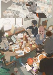 2boys 3girls ? ?? absurdres animal_ear_fluff animal_ears asaba_harumasa black_choker black_hair black_sweater blue_horns blue_oni blue_skin blue_sweater blue_tail blunt_bangs book book_stack braid bread brown_skirt cafe casual choker clutter coffee coffee_beans collared_shirt colored_skin computer crayon cup cup_stack denim disposable_coffee_cup disposable_cup drinking_straw fang food fork fox_ears fox_girl glass glasses hair_between_horns half_up_braid headband highres holding holding_cup holding_pen holding_tray hood hooded_jacket horns hoshimi_miyabi hot_chocolate jacket jeans khaki_pants knee_up laptop latte_art long_sleeves melon_bread melon_soda multicolored_horns multiple_boys multiple_girls oni pants paper pen pink_eyes pink_hair plate plate_stack pointy_ears receipt red_eyes ri_eul_fd ribbed_sweater shirt single_braid sitting skin-covered_horns skin-covered_tail skirt soukaku_(zenless_zone_zero) sticky_note sweat sweater table tin_master_(zenless_zone_zero) tray tsukishiro_yanagi two-tone_horns two-tone_tail v-neck white_hair white_jacket white_shirt white_sweater working yellow_eyes yellow_headband zenless_zone_zero