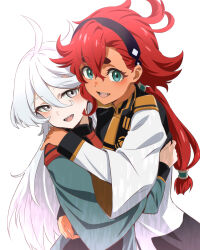 2girls ahoge asticassia_school_uniform black_hairband blue_eyes commentary dark-skinned_female dark_skin green_jacket grey_eyes grin gundam gundam_suisei_no_majo hair_ornament hairband highres hug jacket long_hair long_sleeves looking_at_viewer low_ponytail miorine_rembran multiple_girls nakahira_guy open_mouth ponytail red_hair school_uniform shoulder_boards simple_background smile suletta_mercury thick_eyebrows white_background white_hair yuri
